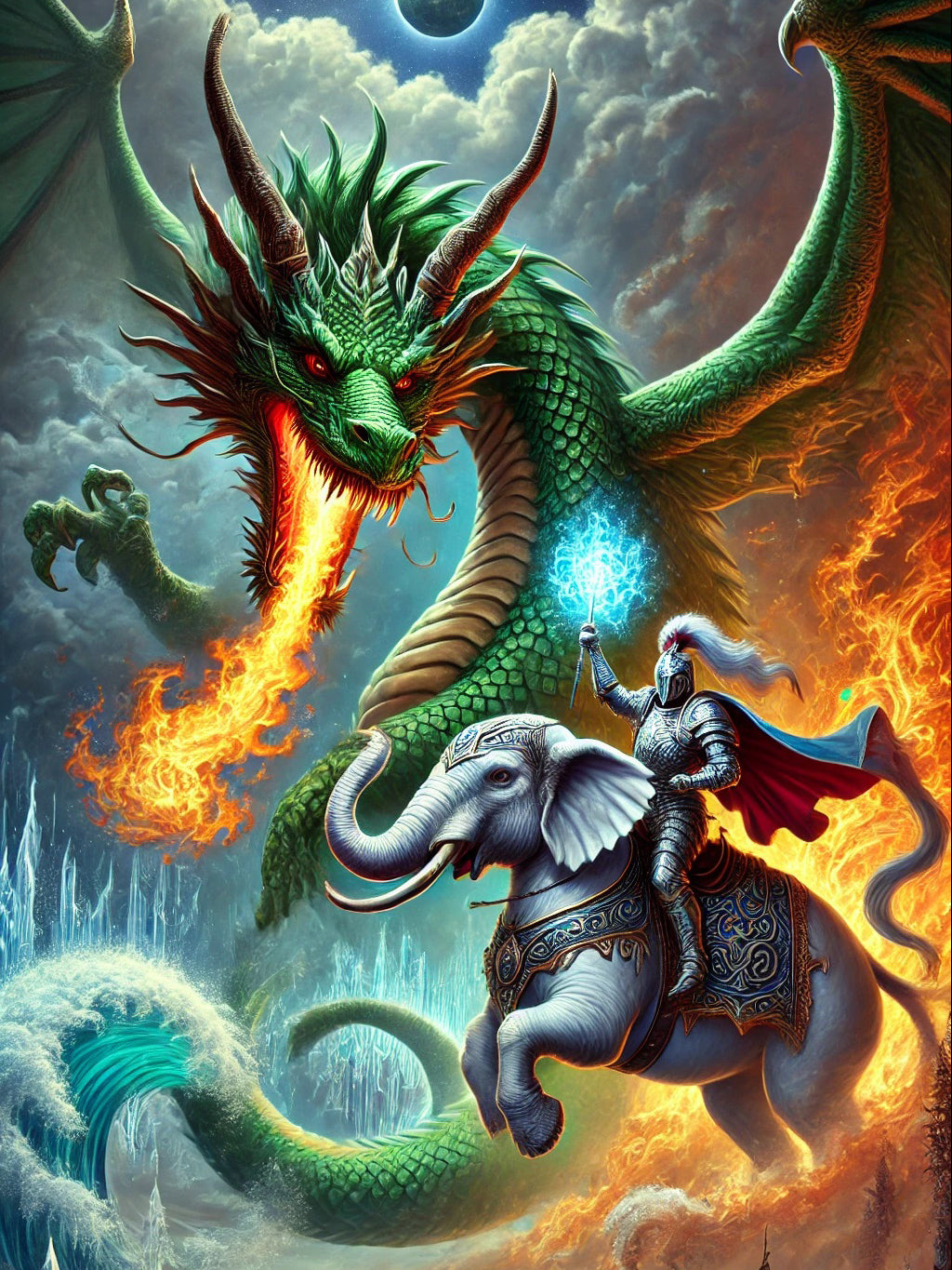 Epic Battle: The Dragon & The White Elephant Knight – Fantasy Poster