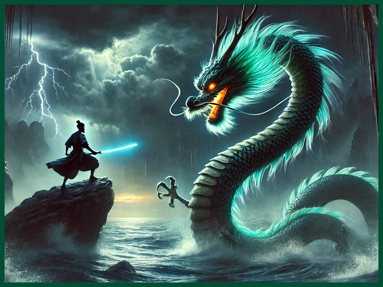 Tide of Battle: Eastern Water Dragon vs. Monk Warrior – Epic Fantasy Poster