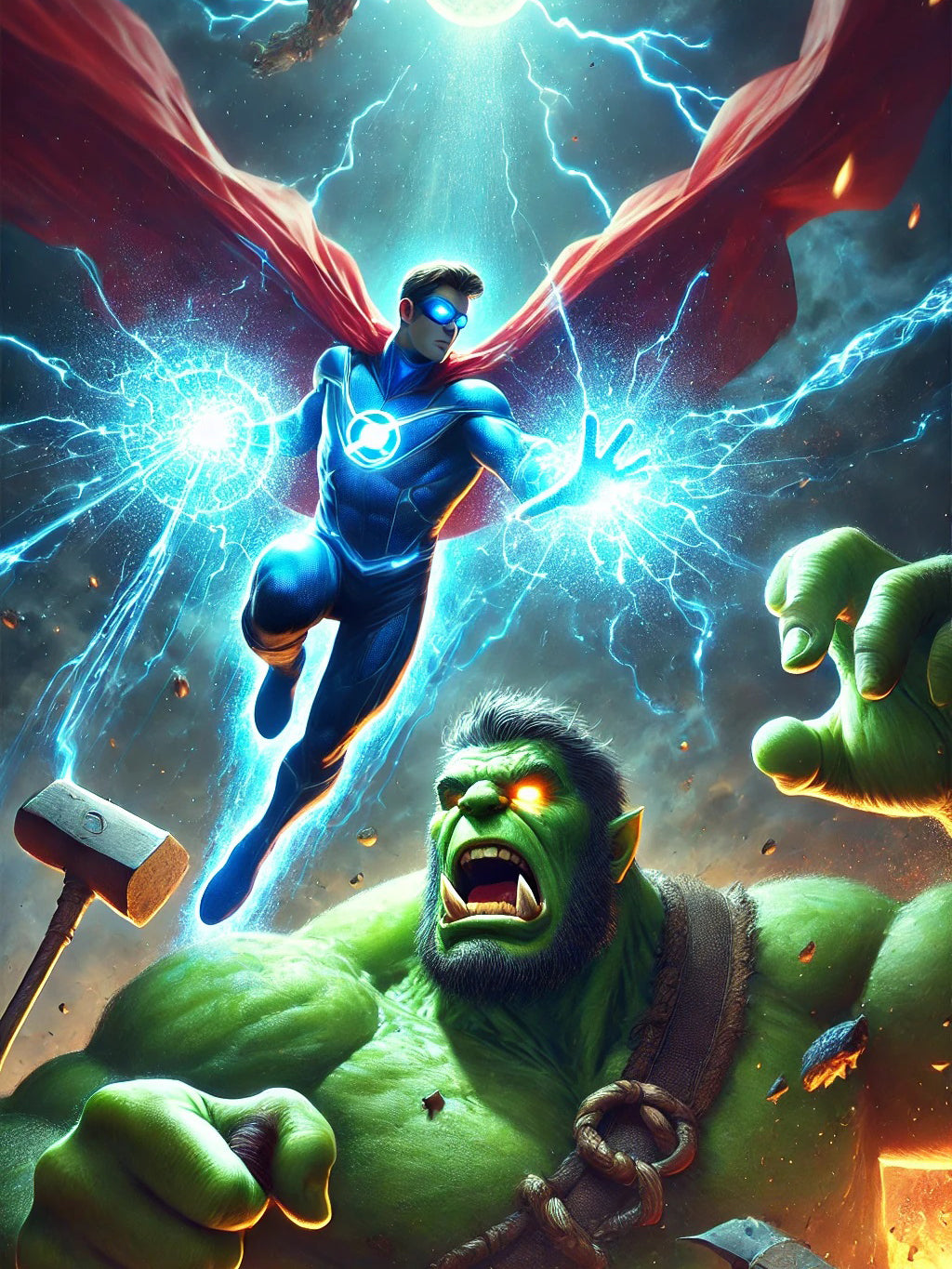 Skybound Showdown: Flying Hero vs. Hulking Green Ogre – Dynamic Fantasy Poster