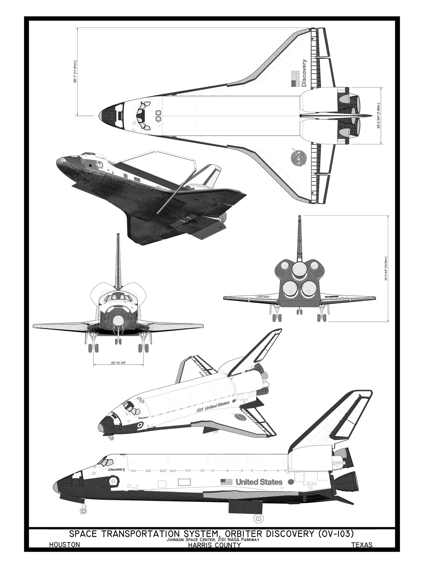 Space Shuttle Discovery – Black & White Architectural Drawing Poster